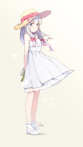 Anime picture 921x1623 with eromanga sensei a-1 pictures izumi sagiri azumi akitake single long hair tall image looking at viewer standing signed silver hair full body wind hands behind back girl dress flower (flowers) bow hair bow hat