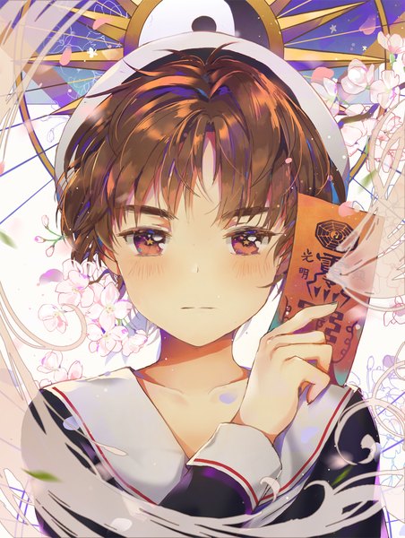 Anime picture 1000x1326 with card captor sakura clamp li xiaolang dangmill single tall image looking at viewer short hair brown hair holding brown eyes upper body cherry blossoms symbol-shaped pupils eyebrows sailor collar boy petals beret branch