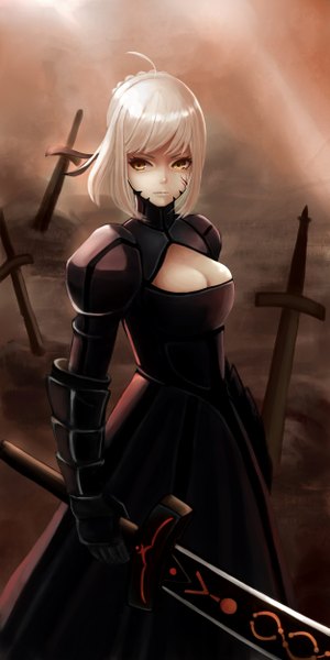 Anime picture 1250x2500 with fate (series) fate/stay night studio deen type-moon artoria pendragon (all) saber saber alter sashimi (adam026) single long hair tall image looking at viewer yellow eyes cleavage white hair serious girl dress gloves hair ornament