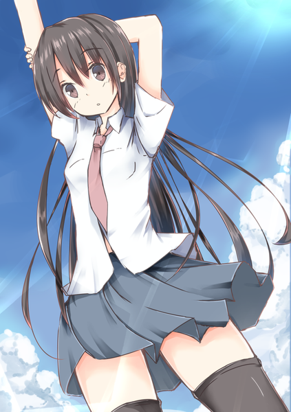 Anime picture 1020x1447 with original shirotaso0818 single long hair tall image looking at viewer brown eyes sky cloud (clouds) pleated skirt black eyes sunlight zettai ryouiki girl thighhighs skirt uniform black thighhighs school uniform necktie