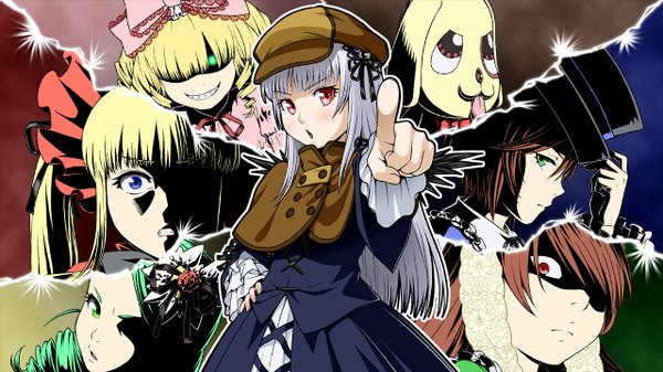 Anime picture 1280x720 with rozen maiden suigintou shinku suiseiseki souseiseki hina ichigo kanaria kunkun ichikawa masahiro long hair blush short hair open mouth blue eyes red eyes brown hair wide image twintails multiple girls green eyes