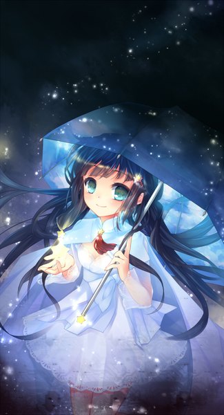 Anime picture 1000x1844 with original krr (strib und werde) single long hair tall image blue eyes black hair twintails sky print girl dress hair ornament star (symbol) star (stars) umbrella star hair ornament