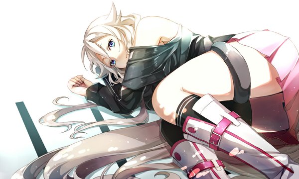 Anime picture 1000x600 with vocaloid ia (vocaloid) akami fumio single looking at viewer blue eyes wide image bare shoulders white hair lying very long hair pleated skirt sunlight off shoulder girl thighhighs skirt black thighhighs miniskirt socks