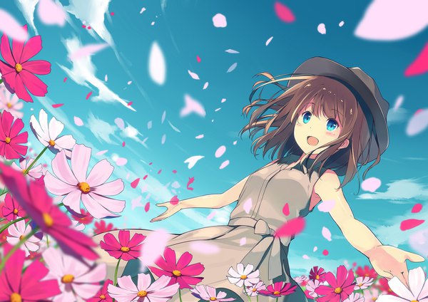 Anime picture 1300x919 with original sutorora single blush fringe short hair open mouth blue eyes brown hair bare shoulders looking away cloud (clouds) wind depth of field sleeveless happy spread arms girl dress flower (flowers)
