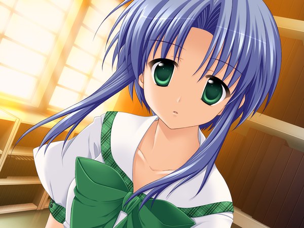 Anime picture 1200x900 with aozora no mieru oka fujimiya sui green eyes blue hair game cg girl serafuku