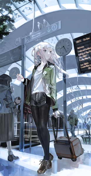Anime picture 1126x2180 with original aspara tall image fringe multiple girls holding green eyes looking away silver hair full body long sleeves sunlight open jacket multiple boys shadow text floating hair solo focus shaded face pale skin