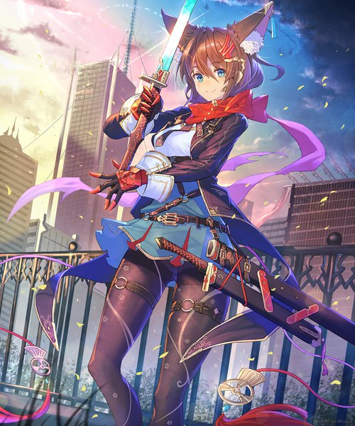 Anime picture 1500x1800 with original takamine nadare single tall image looking at viewer fringe short hair blue eyes light erotic smile hair between eyes brown hair animal ears sky cloud (clouds) from below glowing weapon girl weapon pantyhose
