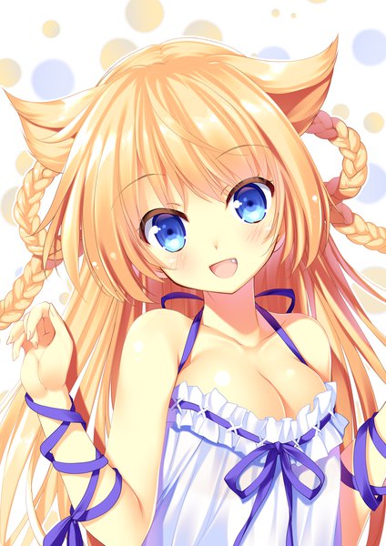Anime picture 800x1131 with original tamiya akito single long hair tall image looking at viewer blush fringe breasts open mouth blue eyes light erotic blonde hair smile cleavage upper body braid (braids) head tilt :d fang (fangs)