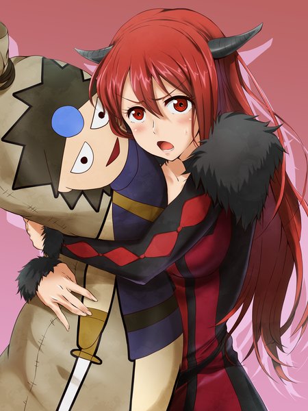 Anime picture 1200x1600 with maoyuu maou yuusha arms corporation maou (maoyuu) anti (0324) long hair tall image blush open mouth red eyes red hair horn (horns) girl dress pillow dakimakura (object)