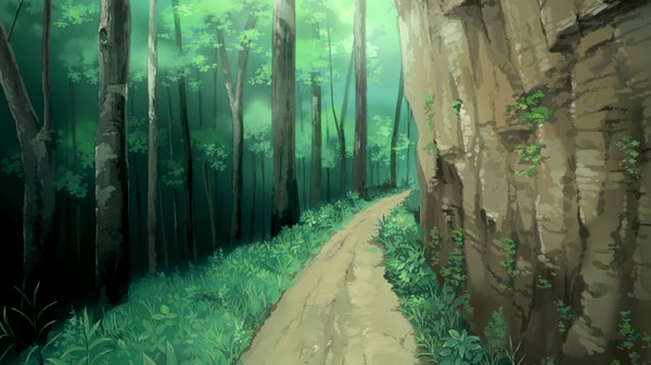 Anime picture 1280x720 with kasshoku kyonyuu no onna senshi marguerite no junan! wide image game cg no people nature plant (plants) tree (trees) grass forest path