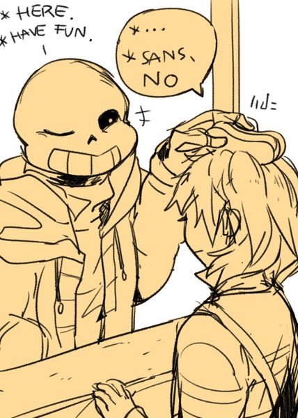 Anime picture 571x800 with undertale frisk (undertale) sans (undertale) noahxica tall image short hair smile one eye closed from above wink text monochrome skeleton androgynous sketch food sweater speech bubble hot dog food stand
