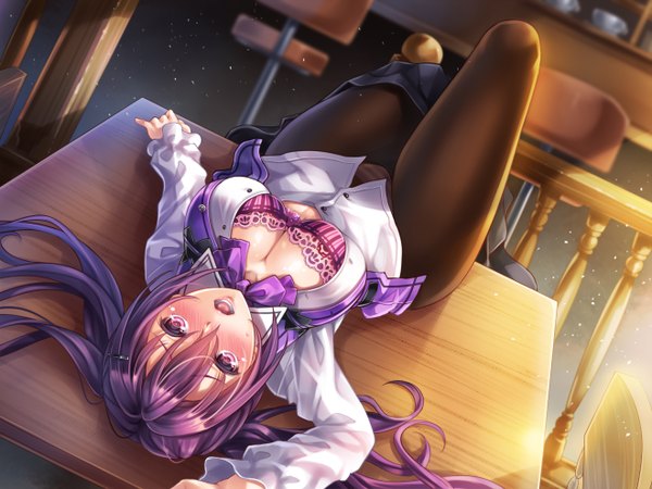 Anime picture 1320x990 with gochuumon wa usagi desu ka? white fox tedeza rize makirin single long hair blush breasts open mouth light erotic purple eyes twintails cleavage purple hair lying open shirt girl underwear panties shirt