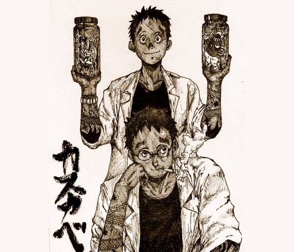 Anime picture 2384x2045 with dorohedoro mappa kasukabe highres black hair simple background smile brown hair white background multiple boys tattoo monochrome smoke smoking dual persona alternate age younger boy glasses 2 boys