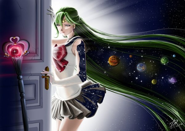 Anime picture 1024x725 with bishoujo senshi sailor moon toei animation meiou setsuna sailor pluto single long hair looking at viewer red eyes standing very long hair pleated skirt green hair light half updo space surreal double exposure girl skirt gloves