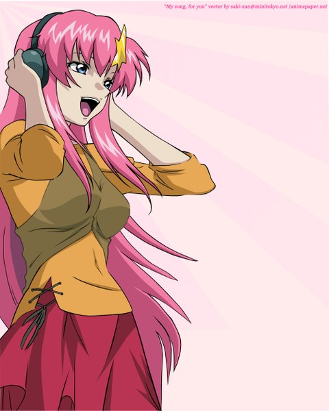 Anime picture 2000x2500 with mobile suit gundam gundam seed destiny sunrise (studio) meer campbell long hair tall image highres blue eyes pink hair pink background vector singing girl hair ornament hairclip headphones star (symbol) star hair ornament