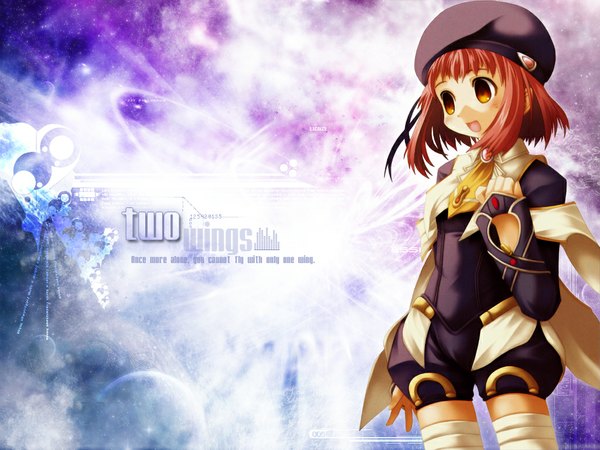 Anime picture 1024x768 with xenosaga monolith software momo (xenosaga) piyo (minitokyo) single open mouth looking away red hair :d orange eyes sleeves past wrists third-party edit girl cap