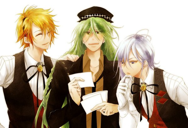 Anime picture 1100x750 with amnesia idea factory toma (amnesia) ikki (amnesia) ukyo (amnesia) long hair blush short hair open mouth simple background blonde hair white background green eyes silver hair eyes closed green hair multiple boys group open collar boy