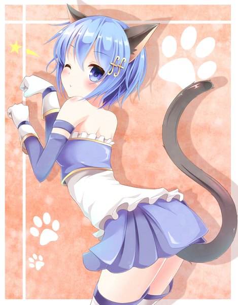 Anime picture 910x1162 with mahou shoujo madoka magica shaft (studio) miki sayaka aibumi single tall image looking at viewer blush short hair blue eyes bare shoulders animal ears blue hair tail animal tail one eye closed wink cat ears cat tail turning head