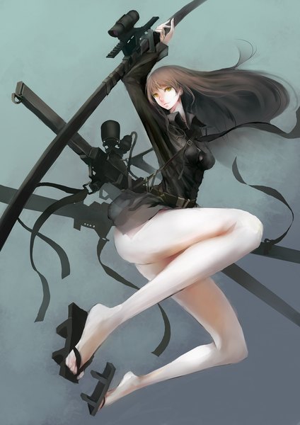 Anime picture 1190x1684 with original jittsu single long hair tall image looking at viewer light erotic black hair simple background brown eyes long sleeves barefoot censored arms up bare legs no panties convenient censoring girl ribbon (ribbons) weapon