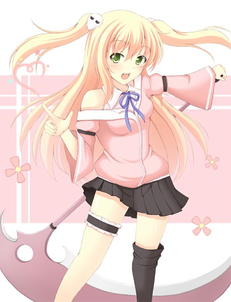 Anime picture 805x1050 with original minatsuki nao single long hair tall image blush open mouth blonde hair green eyes girl thighhighs skirt weapon single thighhigh scythe