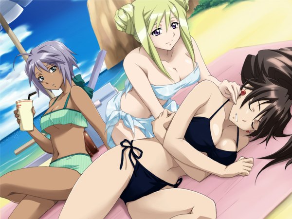 Anime picture 1024x768 with aria alicia florence athena glory akira e ferrari tagme (artist) long hair short hair breasts light erotic black hair blonde hair large breasts purple eyes multiple girls green eyes cleavage purple hair ahoge outdoors lying