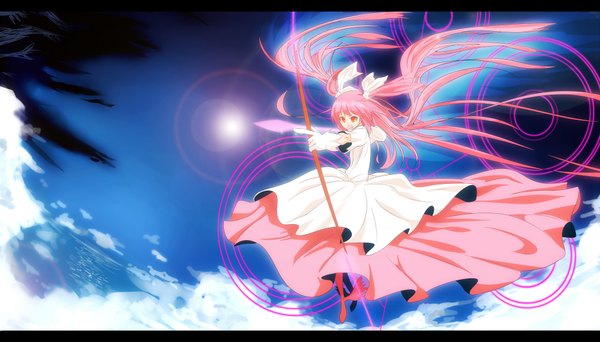 Anime picture 2000x1142 with mahou shoujo madoka magica shaft (studio) kaname madoka goddess madoka long hair highres red eyes wide image twintails pink hair cloud (clouds) girl gloves bow (weapon) arrow (arrows)