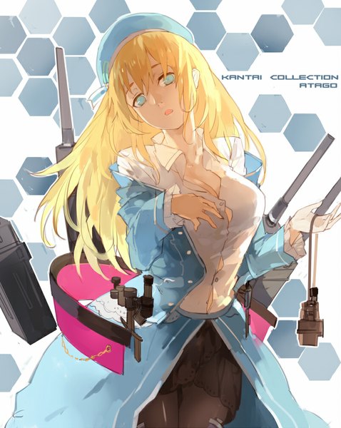 Anime picture 800x1003 with kantai collection atago heavy cruiser nine (liuyuhao1992) single long hair tall image looking at viewer blonde hair inscription character names partially open clothes girl skirt weapon shirt pantyhose jacket gun beret