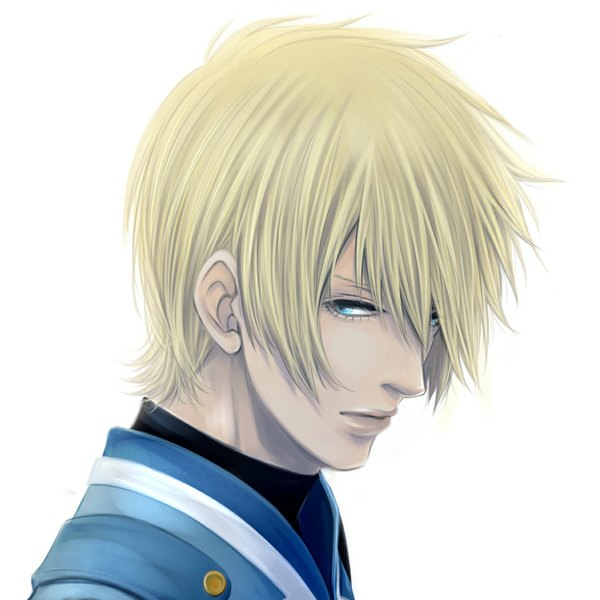 Anime picture 1196x1196 with tales of (series) tales of vesperia flynn scifo tagme (artist) single looking at viewer fringe short hair blue eyes simple background blonde hair white background hair over one eye realistic face boy