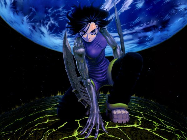Anime picture 1600x1200 with battle angel alita single looking at viewer short hair black hair blue hair wind kneeling squat space girl weapon armor knife planet earth
