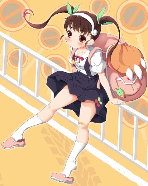 Anime picture 951x1200 with bakemonogatari shaft (studio) monogatari (series) hachikuji mayoi koflif single long hair tall image looking at viewer blush black hair red eyes twintails loli girl uniform school uniform socks white socks headband