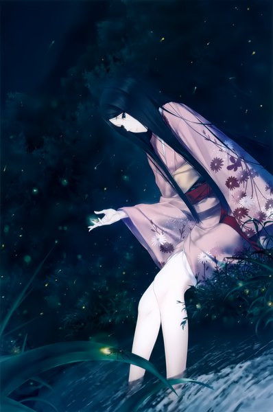 Anime picture 2656x4000 with kara no shoujo innocent grey satsuki (kara no shoujo 2) sugina miki single long hair tall image fringe highres black hair sitting looking away traditional clothes japanese clothes black eyes scan night official art night sky outstretched arm