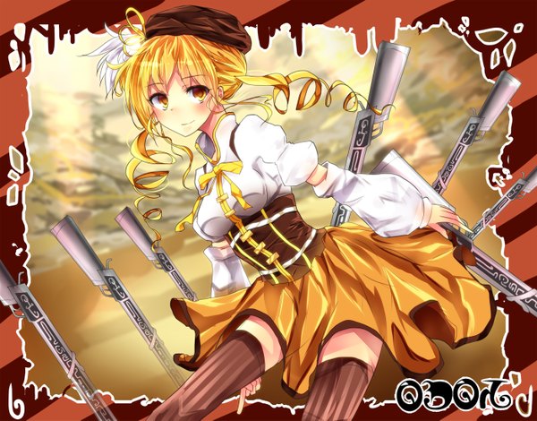 Anime picture 1400x1097 with mahou shoujo madoka magica shaft (studio) tomoe mami e-co single long hair looking at viewer blush blonde hair smile twintails yellow eyes drill hair girl thighhighs weapon detached sleeves gun beret striped thighhighs