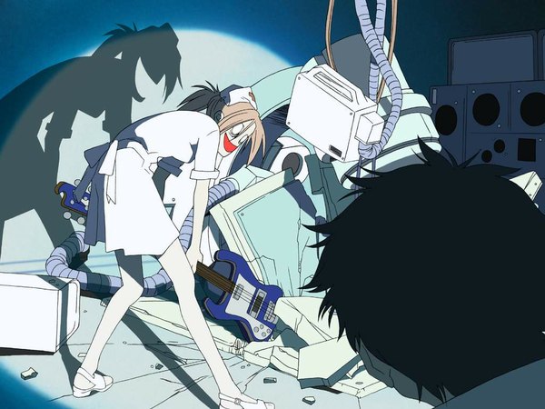 Anime picture 1024x768 with flcl gainax haruhara haruko nandaba naota shadow nurse destruction jpeg artifacts you gonna get raped musical instrument guitar