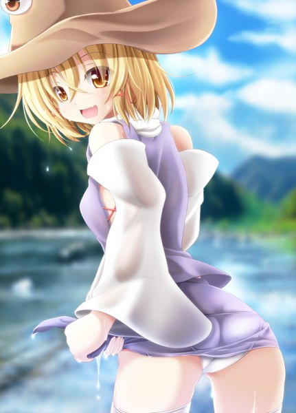 Anime picture 1725x2400 with touhou moriya suwako evandragon single tall image blush fringe highres short hair open mouth light erotic blonde hair hair between eyes yellow eyes looking away sky cloud (clouds) looking back blurry depth of field