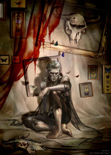 Anime picture 1429x2000 with original hage2013 tall image highres short hair barefoot horn (horns) pointy ears grey hair realistic demon painting boy insect butterfly skull