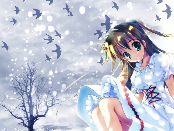 Anime picture 1024x768 with snowing winter snow bare tree soft beauty flock girl plant (plants) animal tree (trees) bird (birds)