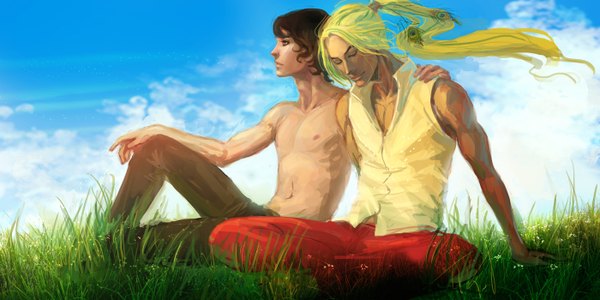 Anime picture 1400x700 with original anndr (artist) long hair blonde hair brown hair wide image cloud (clouds) ponytail eyes closed profile sleeveless topless muscle boy plant (plants) pants grass