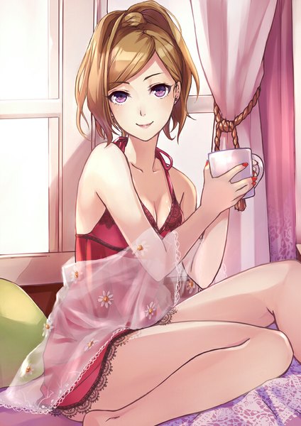 Anime picture 620x877 with original kamon (shinshin) single long hair tall image looking at viewer blonde hair smile sitting bare shoulders holding bent knee (knees) ponytail nail polish pink eyes barefoot bare legs no shoes girl window