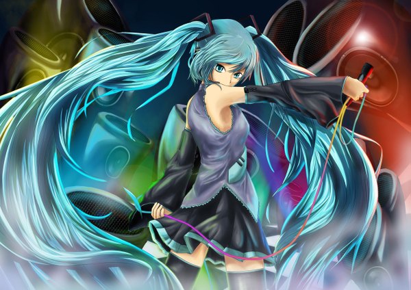 Anime picture 1207x854 with vocaloid hatsune miku blue eyes twintails blue hair girl thighhighs detached sleeves miniskirt microphone