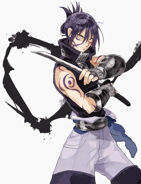 Anime picture 753x982 with one-punch man soul eater studio bones madhouse onsoku no sonic tanmatsu single tall image looking at viewer fringe short hair simple background white background yellow eyes purple hair tattoo sleeveless facial mark eyebrows muscle