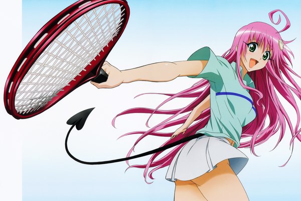 Anime picture 9785x6557 with toloveru toloveru darkness xebec lala satalin deviluke long hair blush highres open mouth green eyes pink hair absurdres ahoge tail scan official art demon tail tennis girl skirt uniform