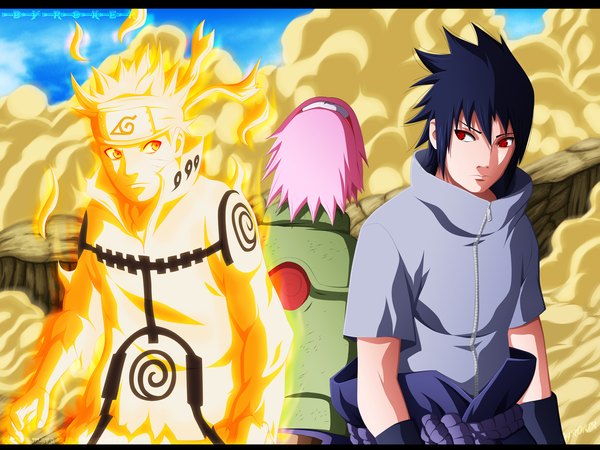 Anime picture 2694x2021 with naruto studio pierrot naruto (series) uzumaki naruto uchiha sasuke haruno sakura naruto999-by-roker highres short hair black hair blonde hair red eyes pink hair sky cloud (clouds) orange eyes coloring back magic facial mark