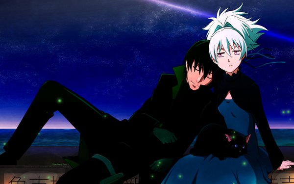 Anime picture 2560x1600 with darker than black studio bones yin (darker than black) hei (darker than black) mao (darker than black) fiifo (artist) kitaan highres wide image white hair ponytail eyes closed night couple sleeping third-party edit collaboration girl boy ribbon (ribbons)