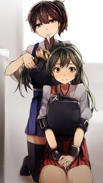 Anime picture 765x1350 with kantai collection kaga aircraft carrier zuikaku aircraft carrier kyouya (mukuro238) long hair tall image looking at viewer blush short hair black hair smile brown hair multiple girls holding brown eyes traditional clothes mouth hold girl thighhighs black thighhighs