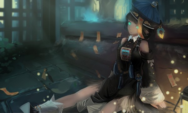 Anime picture 1844x1118 with original kikivi single long hair fringe highres blue eyes black hair wide image sitting looking away braid (braids) long sleeves traditional clothes japanese clothes wide sleeves single braid glowing light glowing eye (eyes)