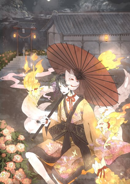 Anime picture 1736x2454 with original amaterasu anbivarens (artist) tall image highres short hair red eyes cloud (clouds) tail nail polish japanese clothes hair flower grey hair night teeth fang (fangs) smoke smoking mask on head boy