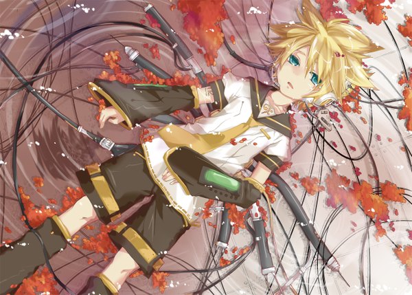 Anime picture 1257x900 with vocaloid kagamine len hekicha short hair open mouth blonde hair lying aqua eyes wet boy detached sleeves petals water shorts wire (wires)