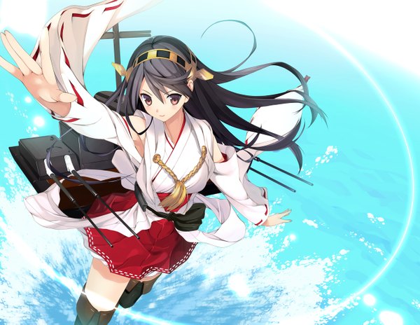 Anime picture 1336x1035 with kantai collection haruna battleship naruse hirofumi single long hair looking at viewer blush black hair brown eyes traditional clothes girl hair ornament weapon water