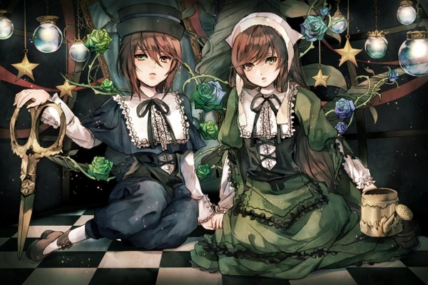 Anime picture 1212x808 with rozen maiden suiseiseki souseiseki sakuyu long hair looking at viewer short hair open mouth brown hair sitting multiple girls sparkle heterochromia holding hands checkered floor girl dress flower (flowers) ribbon (ribbons) 2 girls