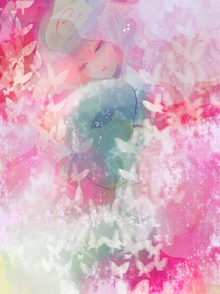 Anime picture 1200x1600 with touhou saigyouji yuyuko 4gatsu single tall image short hair blue eyes pink hair girl headdress insect butterfly bonnet